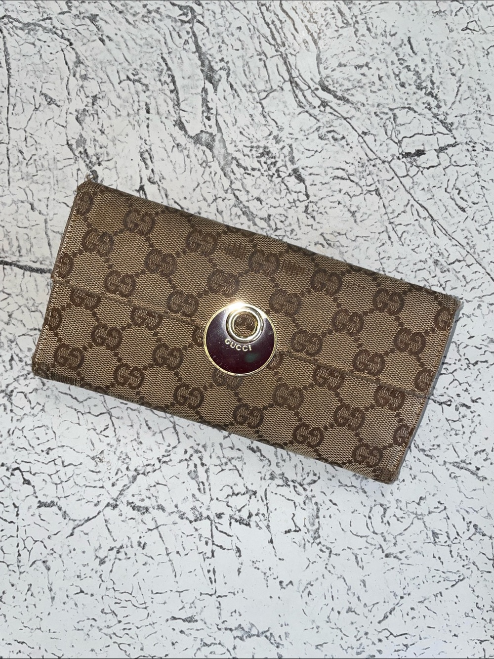 Gucci Brown GG Monogram Continental Wallet with Gold-Tone Snap
